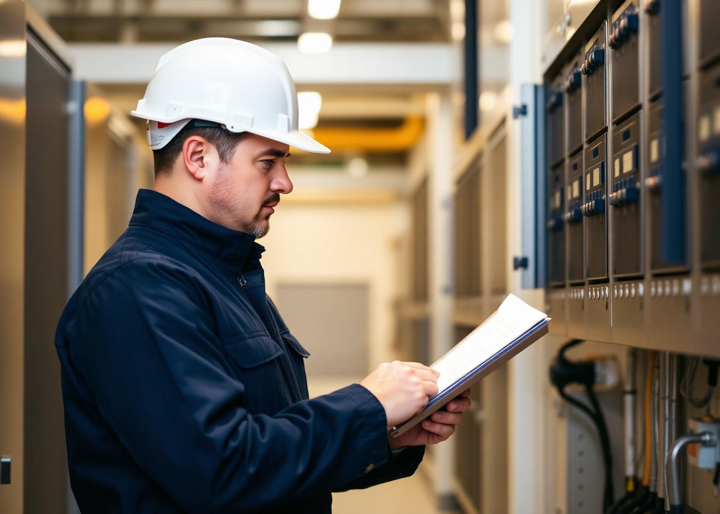 MCM technician inspecting industrial electrical panel